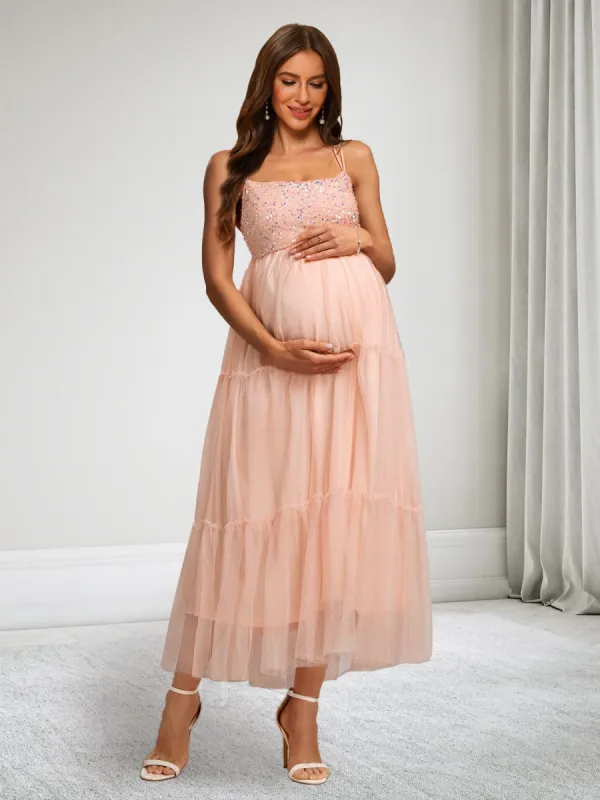 A-Line/Princess Spaghetti Straps Sleeveless Tulle Maternity Dresses with Sequins sold by Lavetir