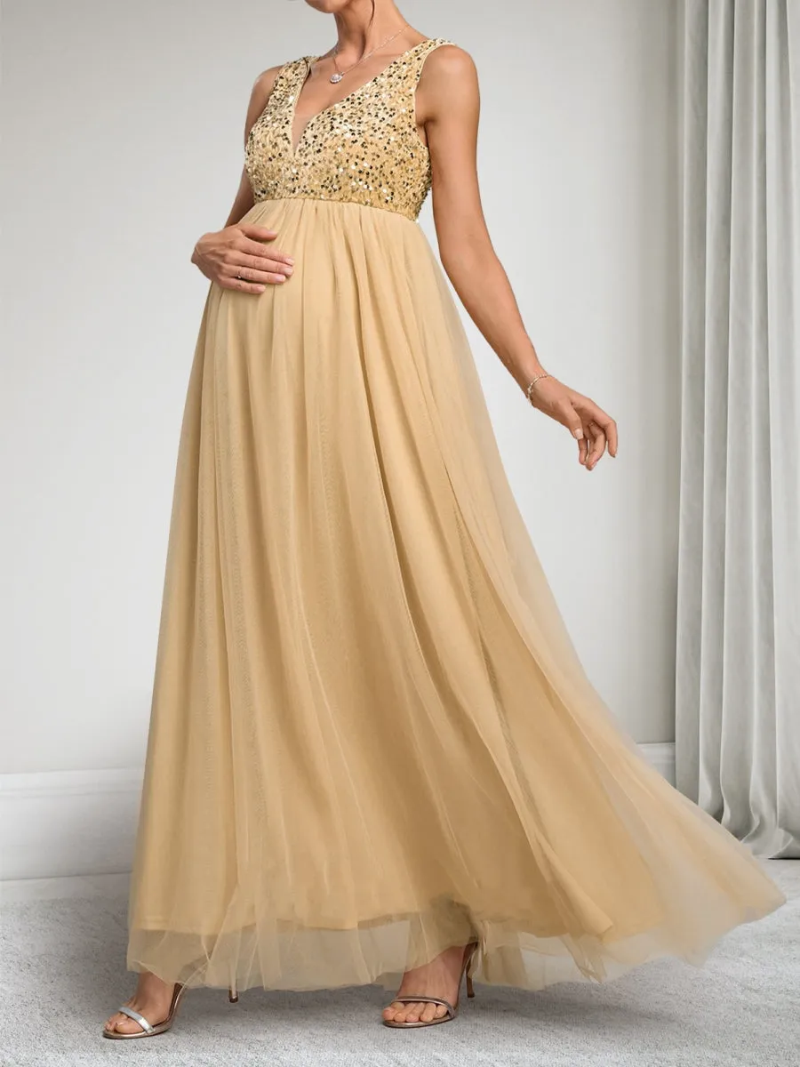 A-Line/Princess V-Neck Sleeveless Ankle-Length Tulle Maternity Dresses with Sequins sold by Lavetir product image thumbnail 4