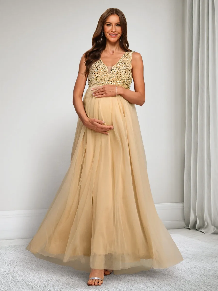 A-Line/Princess V-Neck Sleeveless Ankle-Length Tulle Maternity Dresses with Sequins sold by Lavetir