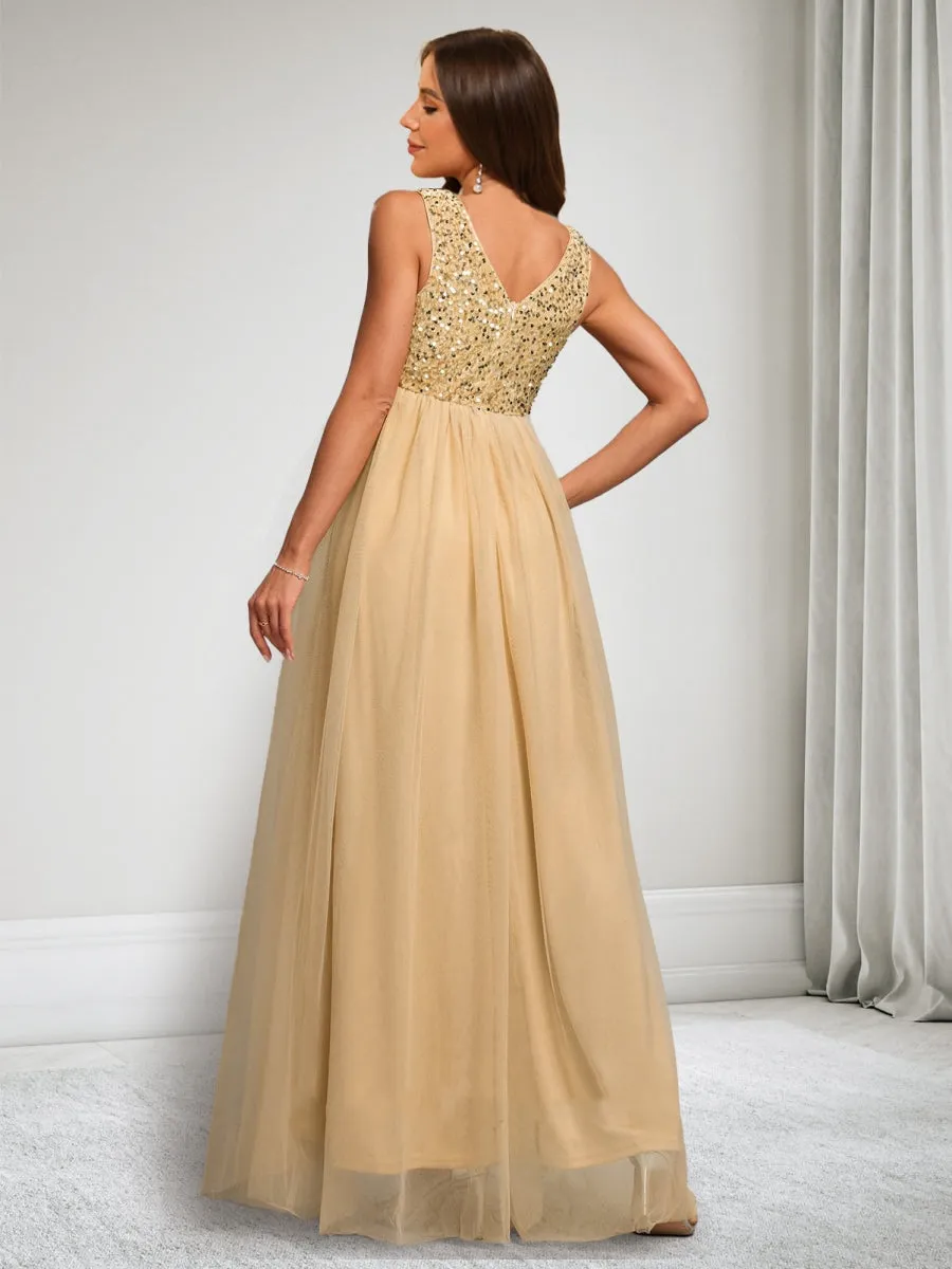 A-Line/Princess V-Neck Sleeveless Ankle-Length Tulle Maternity Dresses with Sequins sold by Lavetir product image thumbnail 2