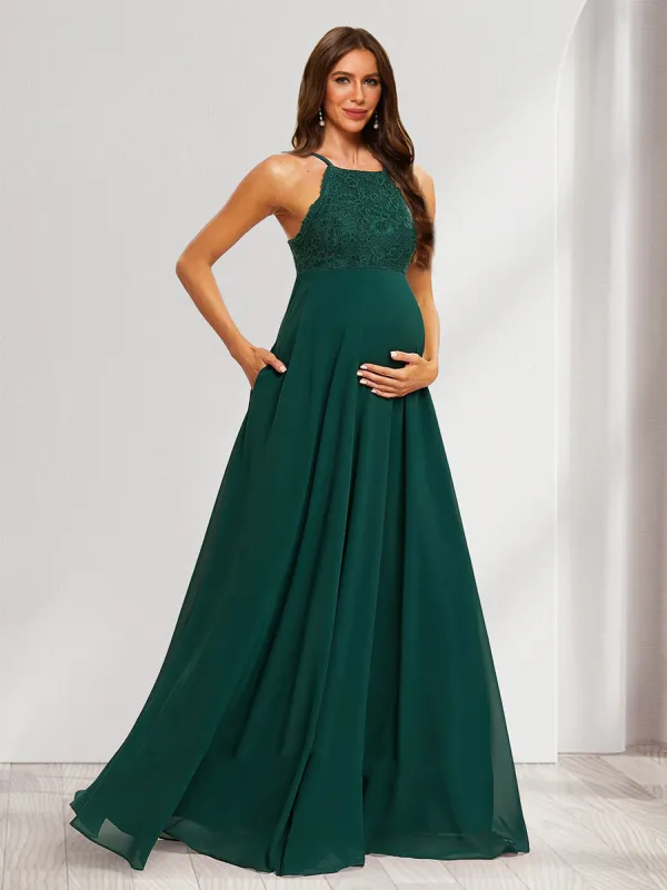 A-Line/Princess Halter Straps Sleeveless Long Maternity Dresses with Lace Appliques sold by Lavetir