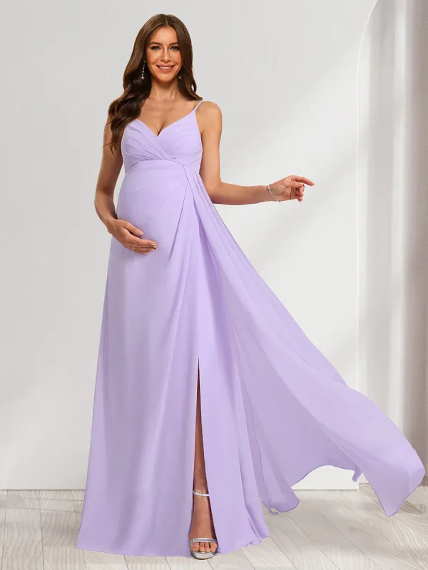 A-Line/Princess Spaghetti Straps Ruched Elegant Maternity Dresses with Split Side sold by Lavetir
