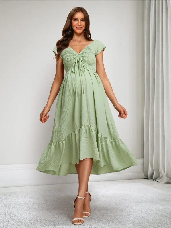 A-Line/Princess V-Neck Short Sleeves Ruched Asymmetrical Maternity Dresses with Ruffles sold by Lavetir