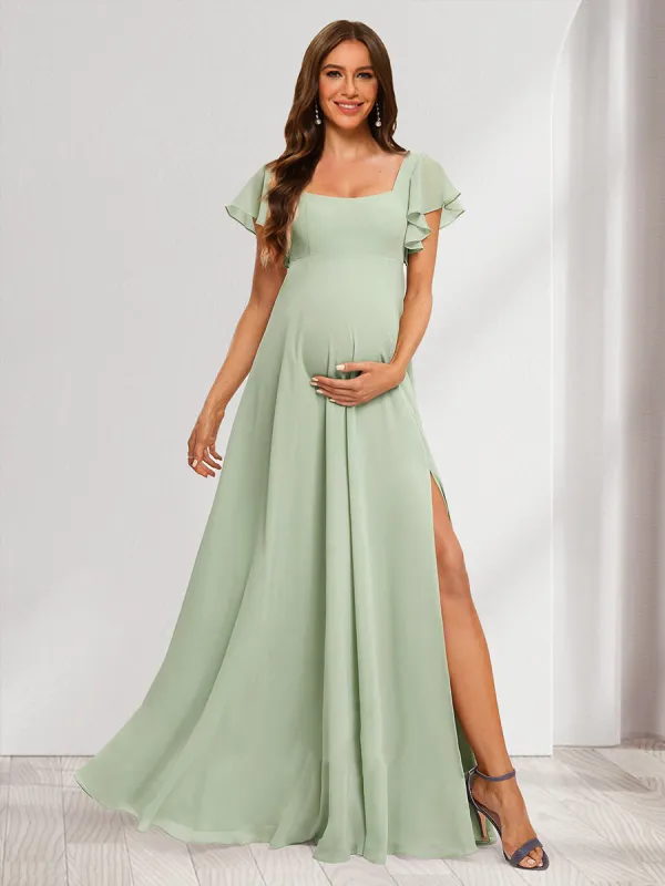 A-Line/Princess Square Neck Maternity Dresses with Ruffles & Side Slit sold by Lavetir