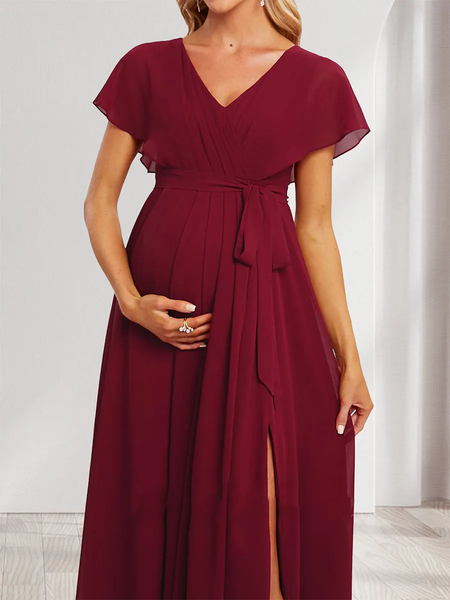 A-Line/Princess V-Neck Ruched Long Maternity Dresses with Pleats & Split Side sold by Lavetir product image thumbnail 3