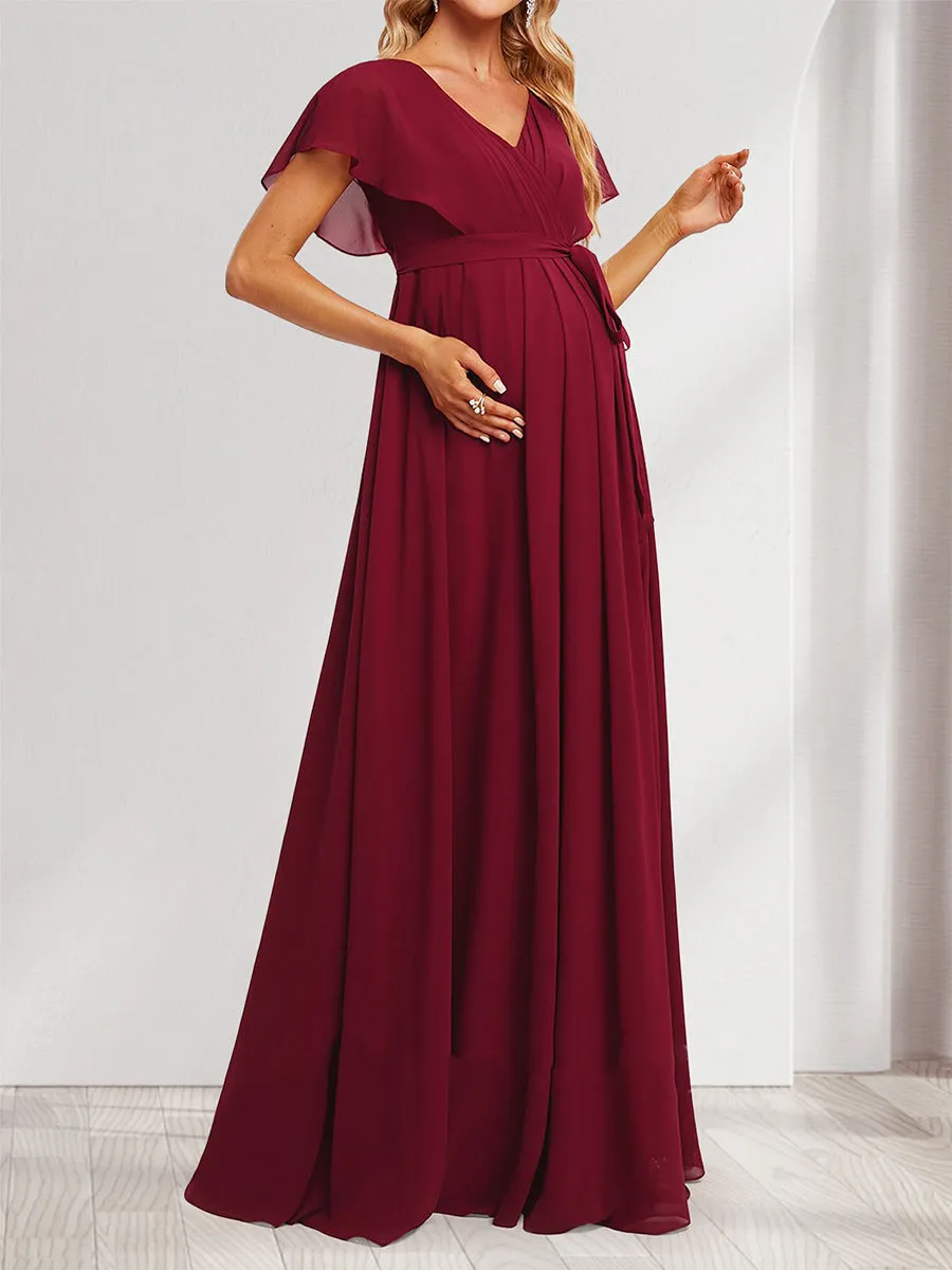 A-Line/Princess V-Neck Ruched Long Maternity Dresses with Pleats & Split Side sold by Lavetir product image thumbnail 4