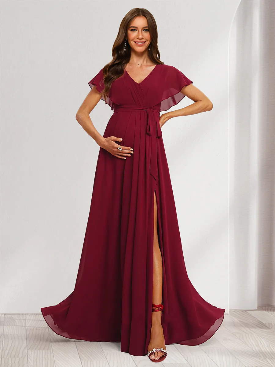 A-Line/Princess V-Neck Ruched Long Maternity Dresses with Pleats & Split Side sold by Lavetir