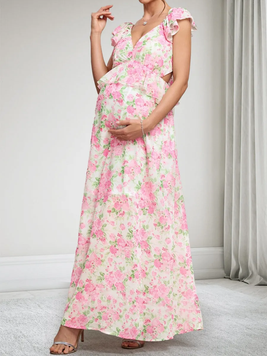 A-Line/Princess V-Neck Ankle-Length Printed Floral Maternity Dresses with Ruffles sold by Lavetir product image thumbnail 4