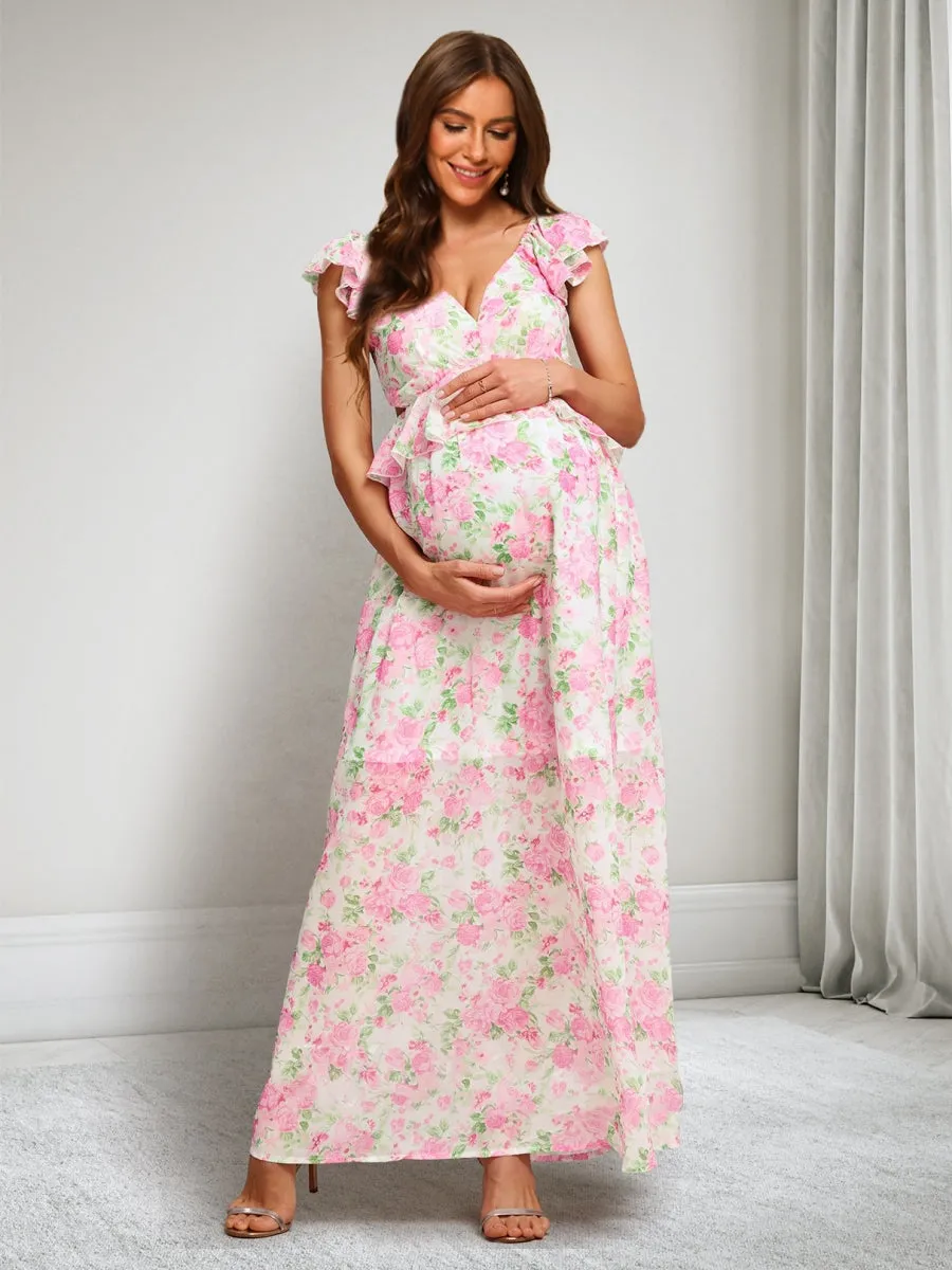 A-Line/Princess V-Neck Ankle-Length Printed Floral Maternity Dresses with Ruffles sold by Lavetir