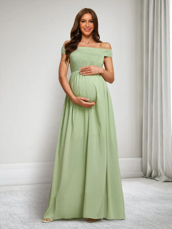 A-Line/Princess Off-the-Shoulder Sleeveless Floor-Length Maternity Dresses with Pleats sold by Lavetir