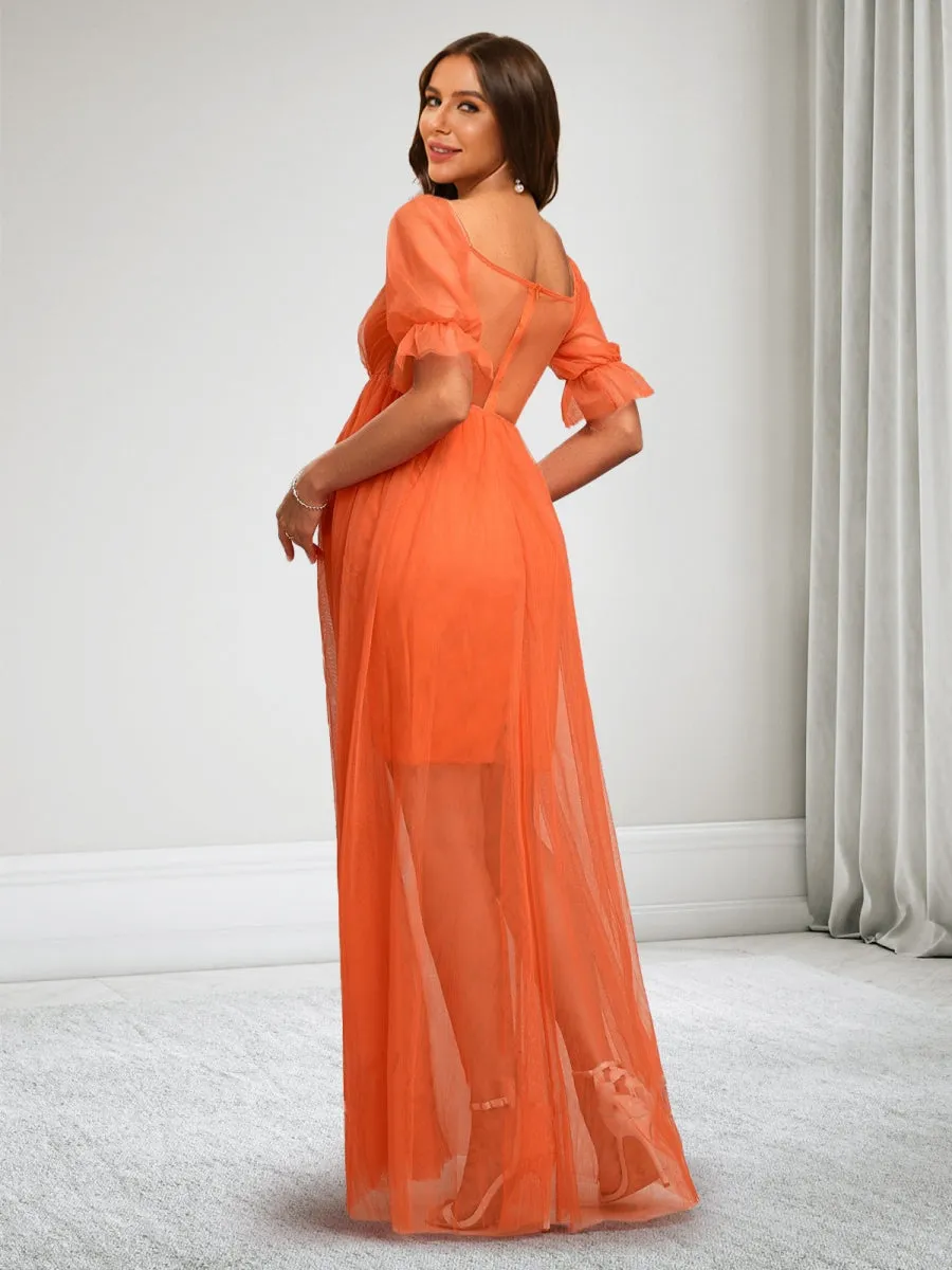 A-Line/Princess Square Neck Half Sleeves Ruched Long Maternity Dresses sold by Lavetir product image thumbnail 2