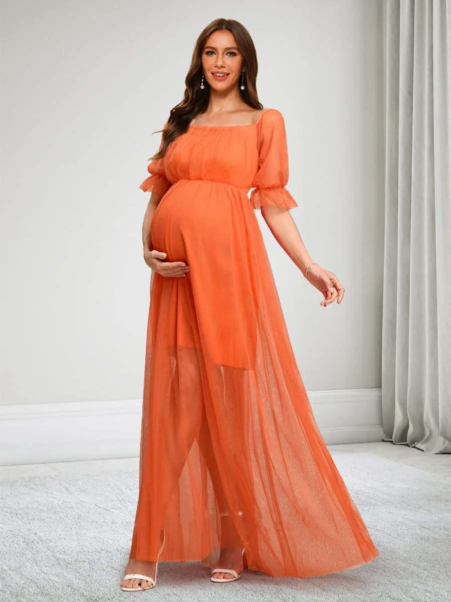 A-Line/Princess Square Neck Half Sleeves Ruched Long Maternity Dresses sold by Lavetir