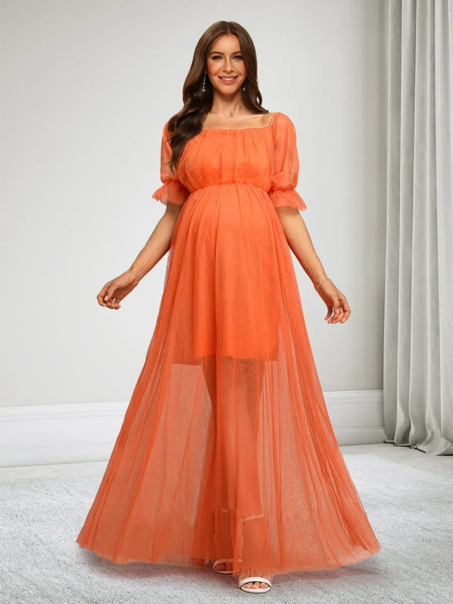 A-Line/Princess Square Neck Half Sleeves Ruched Long Maternity Dresses sold by Lavetir product image thumbnail 4