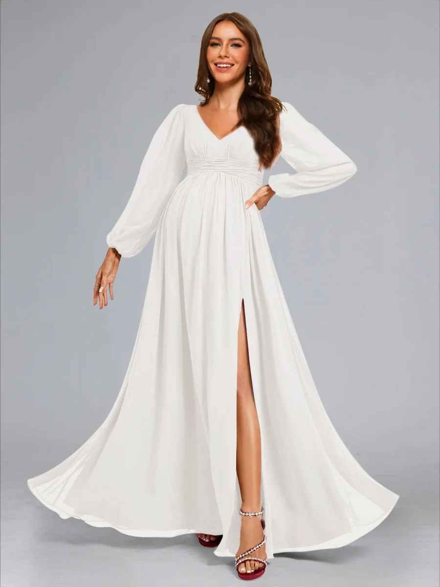 A-Line/Princess V-Neck Long Sleeves Ruched Floor-Length Maternity Dresses with Side Slit & Ruffles sold by Lavetir