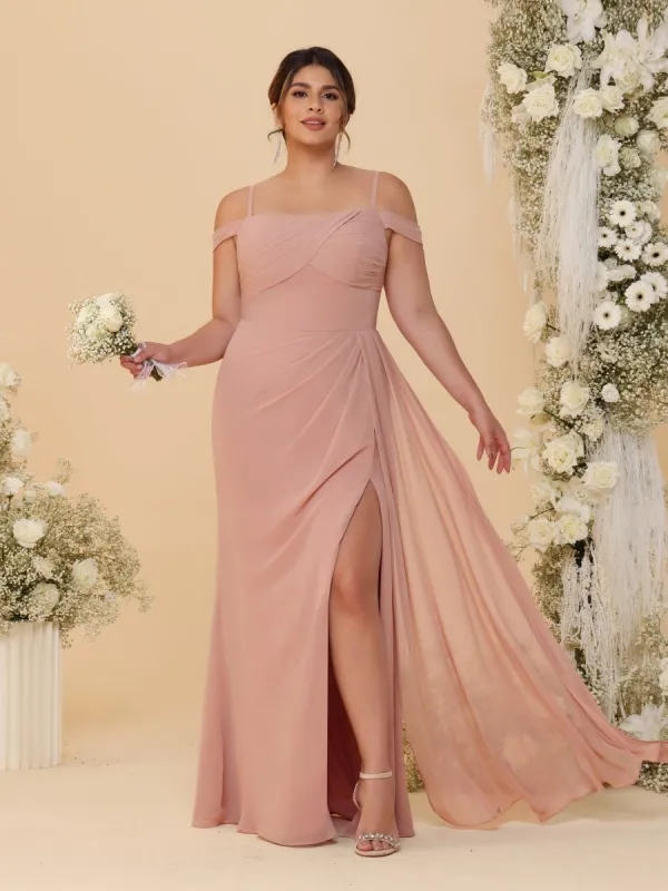 Sheath/Column Off-the-Shoulder Spaghetti Straps Plus Size  Bridesmaid Dresses With Side Slit sold by Lavetir