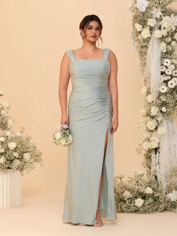 Sheath/Column Square Neck Sleeveless Floor-Length Ruched  Plus Size Bridesmaid Dresses With Side Slit sold by Lavetir