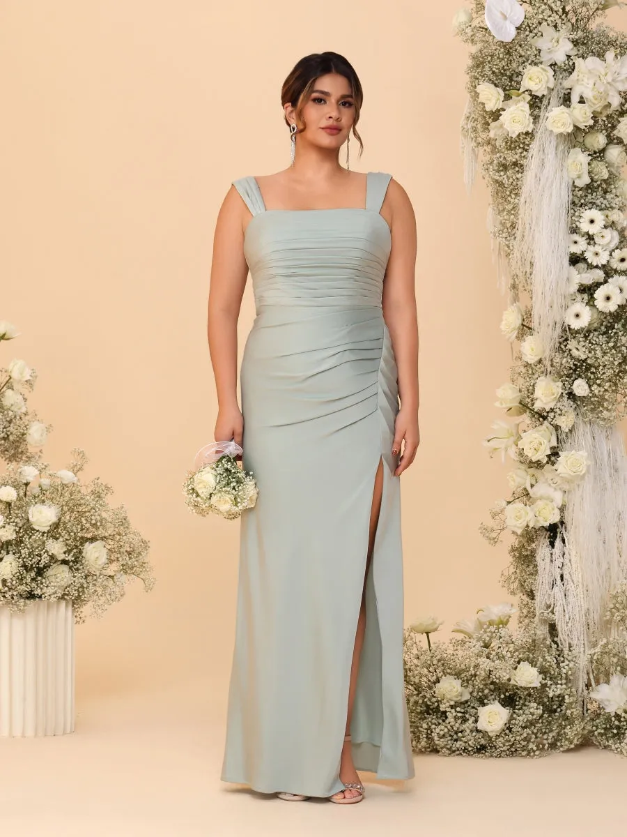 Sheath/Column Square Neck Sleeveless Floor-Length Ruched Plus Size Bridesmaid Dresses With Side Slit sold by Lavetir