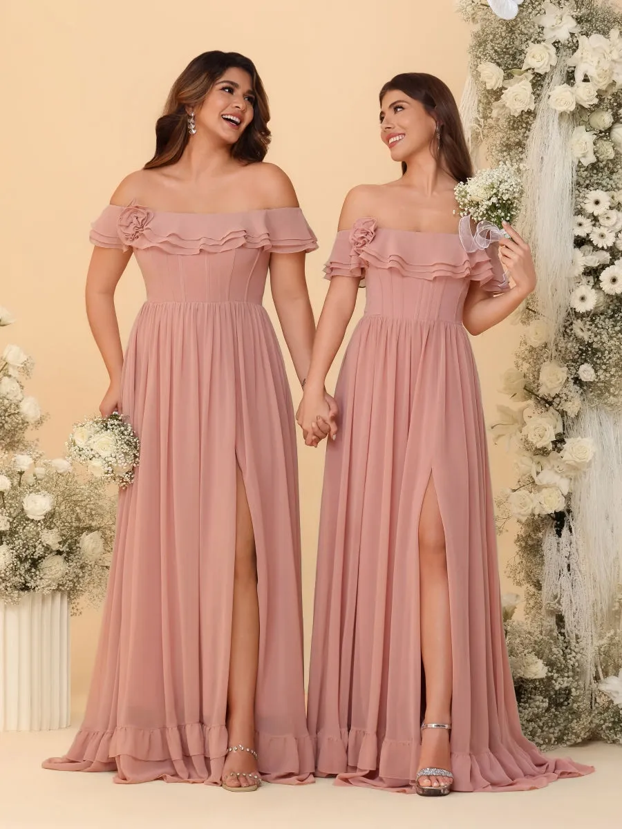 Chiffon A-Line/Princess Off-the-Shoulder Short Sleeves Ruched Bridesmaid Dresses sold by Lavetir product image thumbnail 3