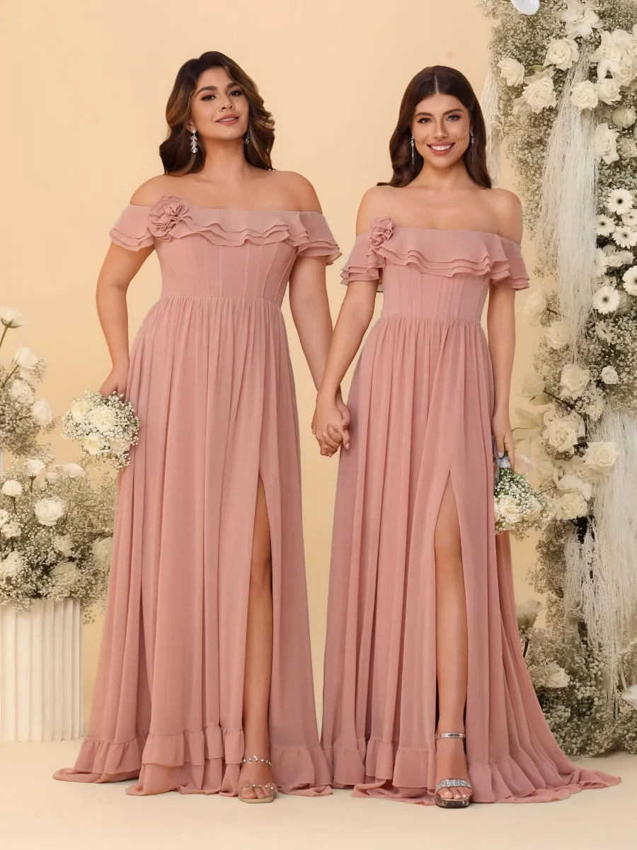 Chiffon A-Line/Princess Off-the-Shoulder Short Sleeves Ruched Bridesmaid Dresses sold by Lavetir