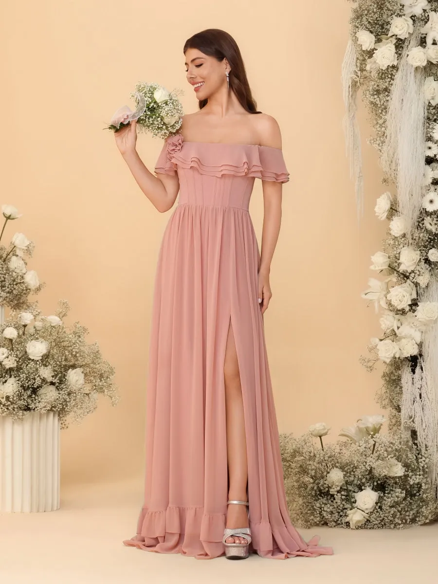 Chiffon A-Line/Princess Off-the-Shoulder Short Sleeves Ruched Bridesmaid Dresses sold by Lavetir product image thumbnail 4