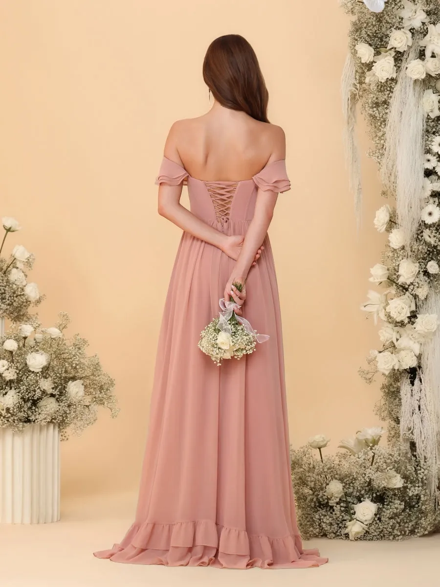 Chiffon A-Line/Princess Off-the-Shoulder Short Sleeves Ruched Bridesmaid Dresses sold by Lavetir product image thumbnail 5