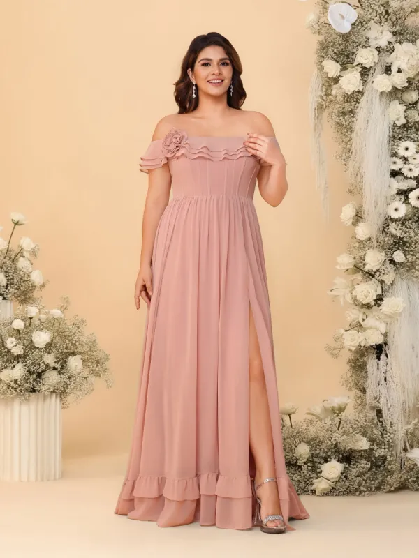 Chiffon A-Line/Princess Off-the-Shoulder Short Sleeves Plus Size Bridesmaid Dresses with Side Slit sold by Lavetir