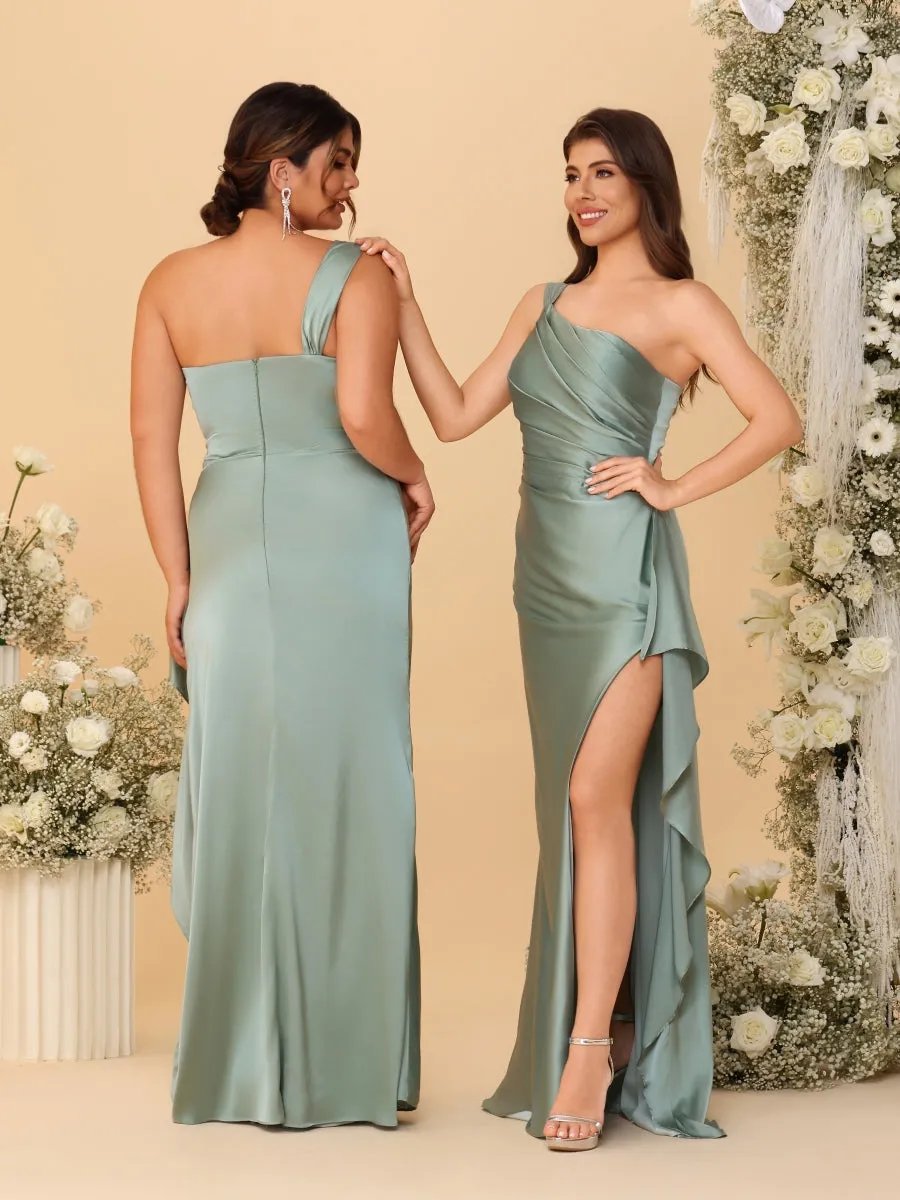 Sheath/Column One-Shoulder Sleeveless Split Side Bridesmaid Dresses with Ruffles sold by Lavetir product image thumbnail 2
