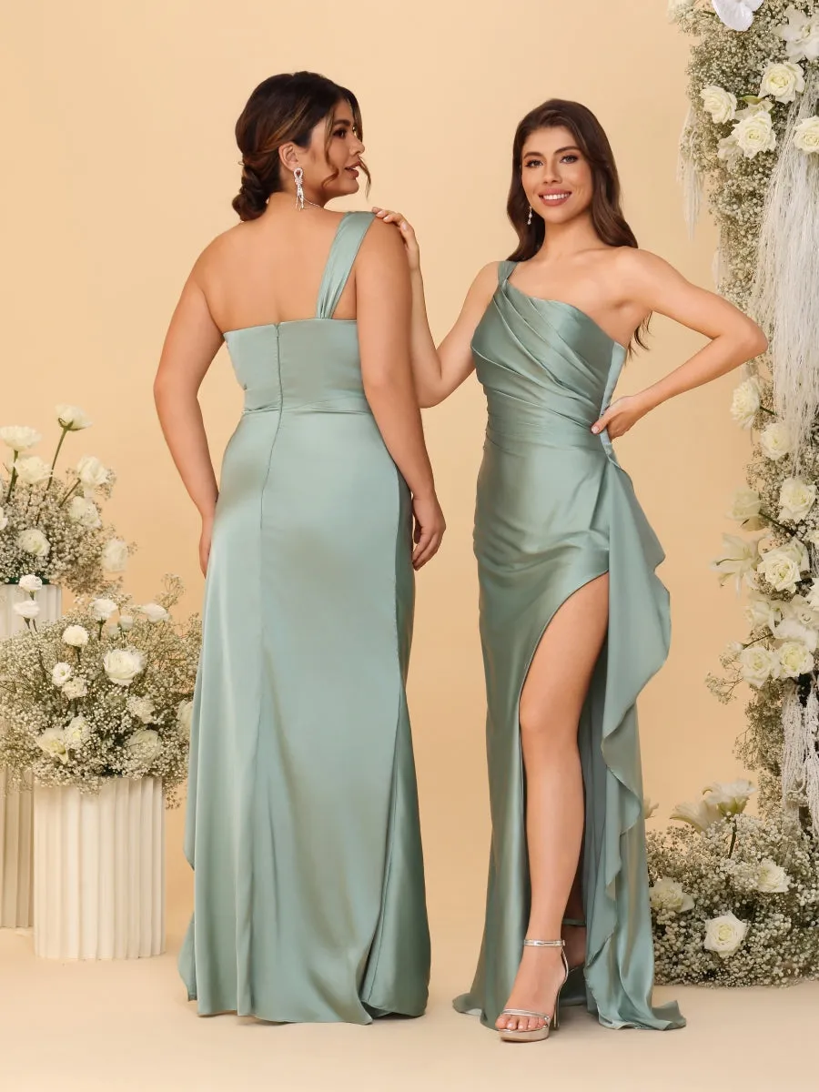 Sheath/Column One-Shoulder Sleeveless Split Side Bridesmaid Dresses with Ruffles sold by Lavetir product image thumbnail 5