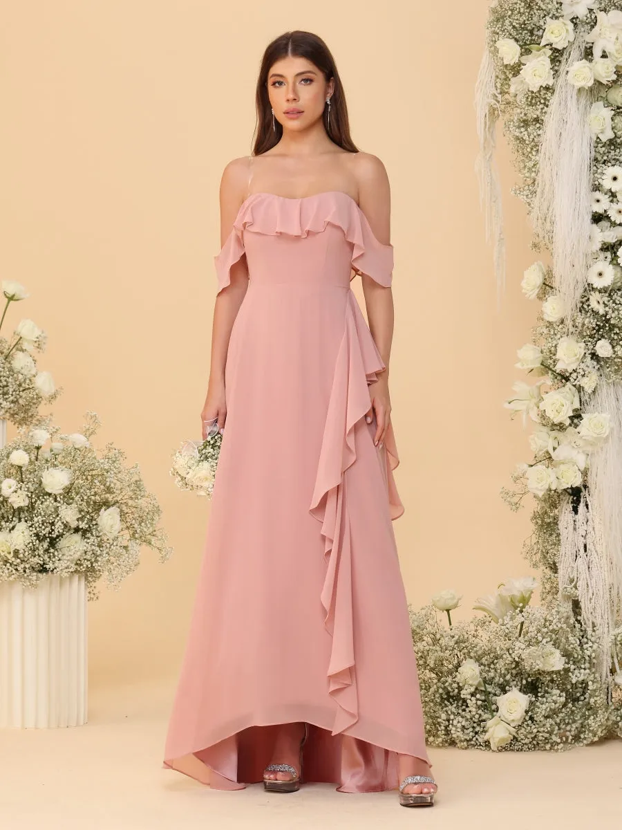 A-Line/Princess Off-the-Shoulder Spaghetti Straps Sleeveless Bridesmaid Dresses with Side Slit & Ruffles sold by Lavetir product image thumbnail 5