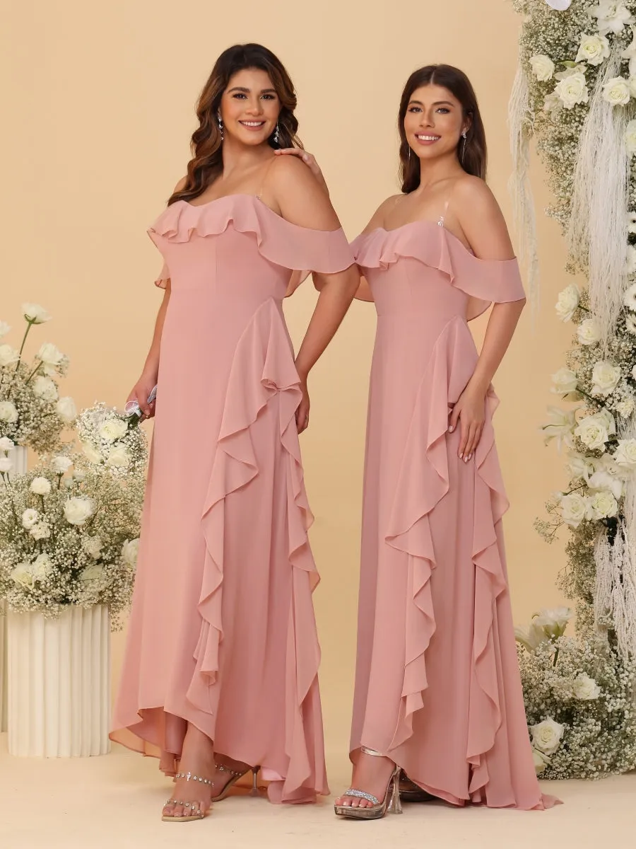 A-Line/Princess Off-the-Shoulder Spaghetti Straps Sleeveless Bridesmaid Dresses with Side Slit & Ruffles sold by Lavetir product image thumbnail 4