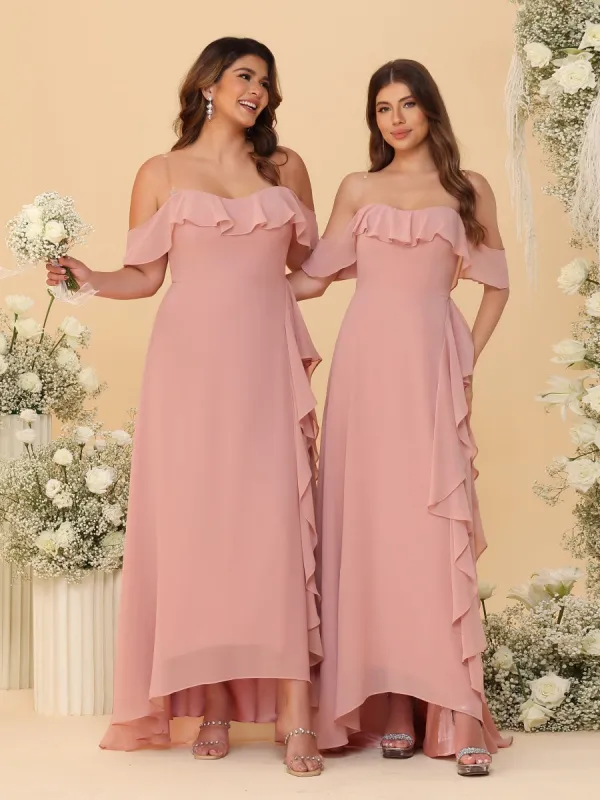 A-Line/Princess Off-the-Shoulder Spaghetti Straps Sleeveless Bridesmaid Dresses with Side Slit &  Ruffles sold by Lavetir
