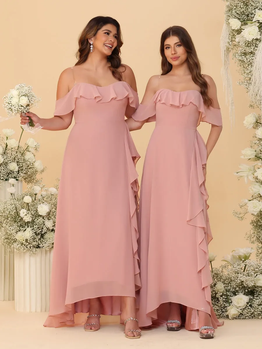 A-Line/Princess Off-the-Shoulder Spaghetti Straps Sleeveless Bridesmaid Dresses with Side Slit & Ruffles sold by Lavetir