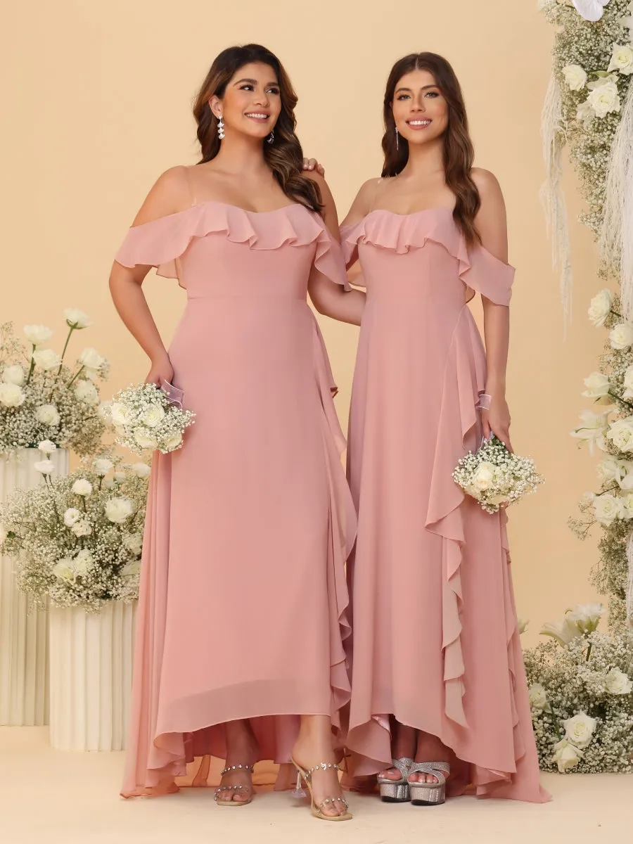 A-Line/Princess Off-the-Shoulder Spaghetti Straps Sleeveless Bridesmaid Dresses with Side Slit & Ruffles sold by Lavetir product image thumbnail 3