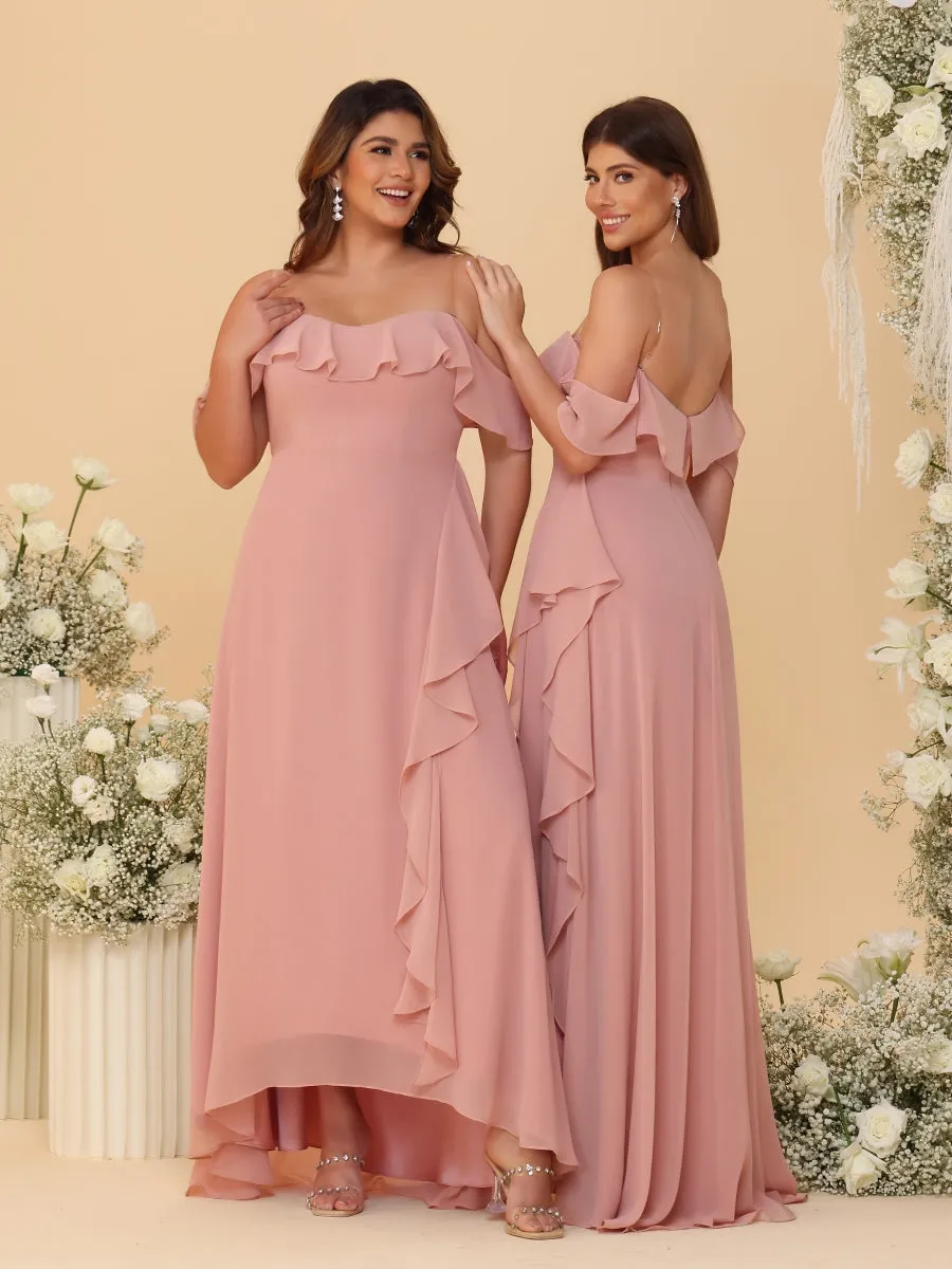 A-Line/Princess Off-the-Shoulder Spaghetti Straps Sleeveless Bridesmaid Dresses with Side Slit & Ruffles sold by Lavetir product image thumbnail 2