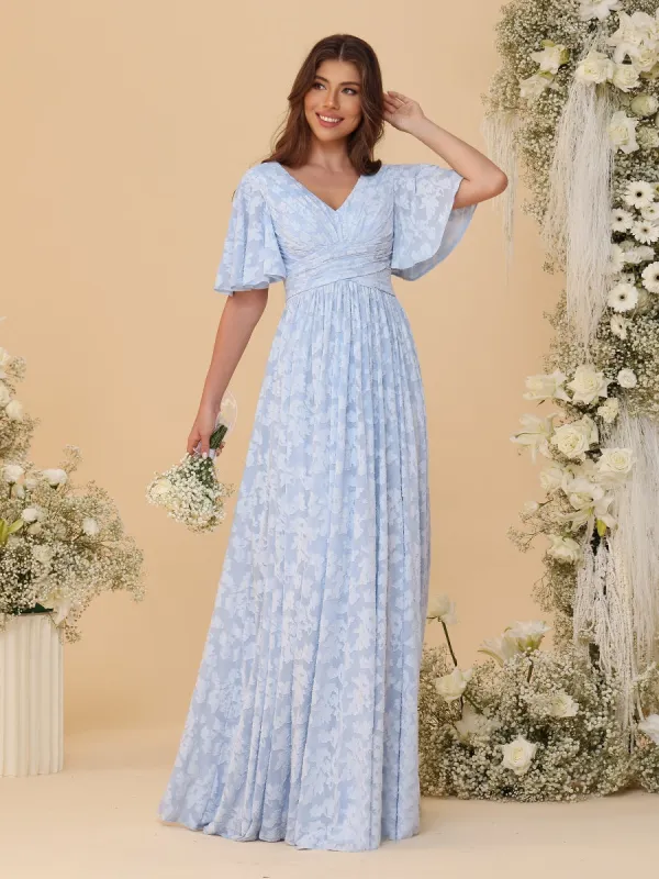 A-Line/Princess V-Neck Short Sleeves Long Bridesmaid Dresses sold by Lavetir