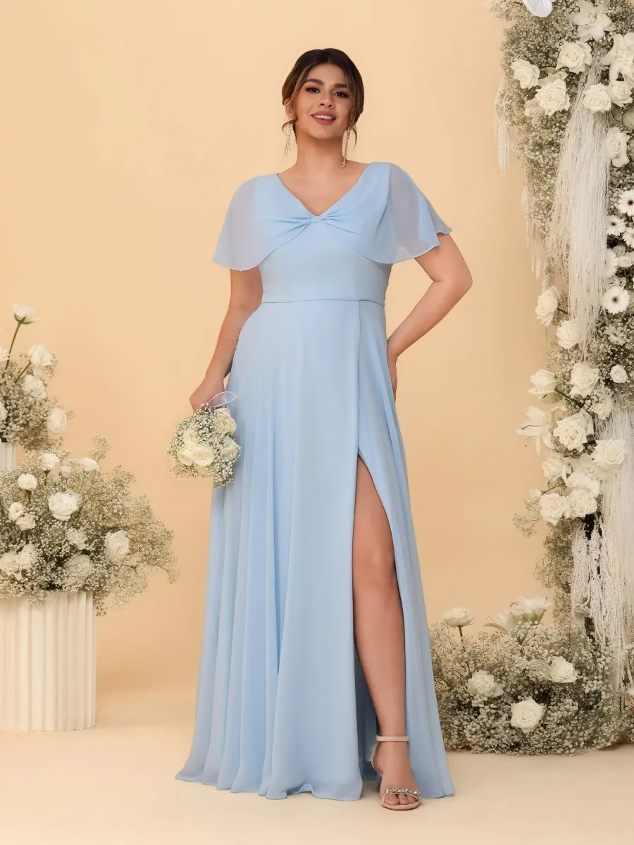 A-Line/Princess V-Neck Short Sleeves Plus Size Bridesmaid Dresses With Side Slit sold by Lavetir