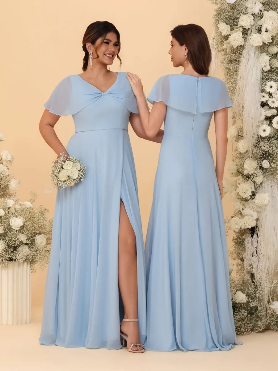 A-Line/Princess V-Neck Short Sleeves Long Chiffon Bridesmaid Dresses With Side Slit sold by Lavetir product image thumbnail 2