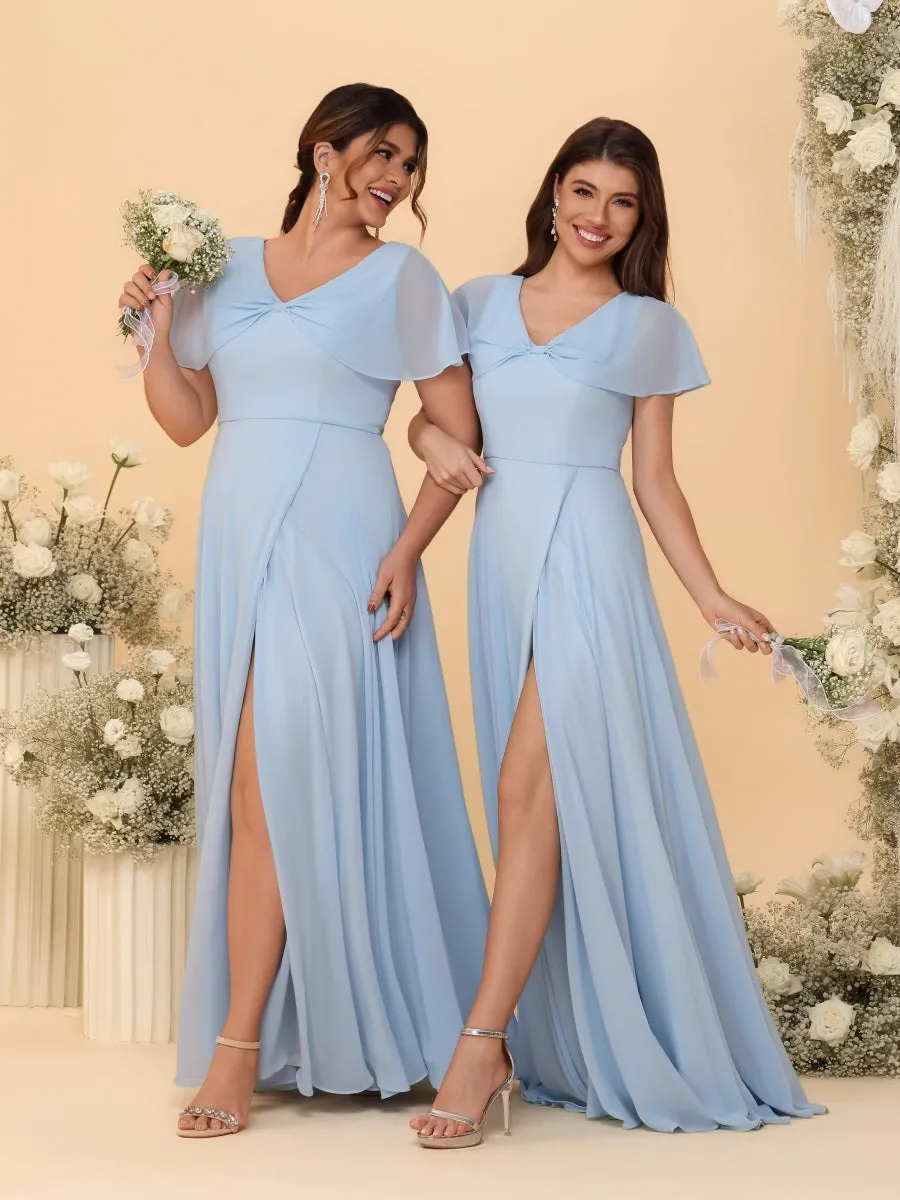 A-Line/Princess V-Neck Short Sleeves Long Chiffon Bridesmaid Dresses With Side Slit sold by Lavetir product image thumbnail 4