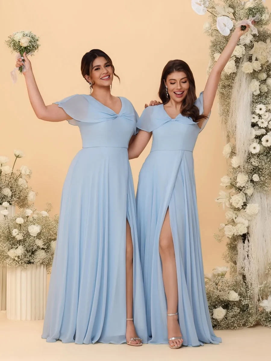 A-Line/Princess V-Neck Short Sleeves Long Chiffon Bridesmaid Dresses With Side Slit sold by Lavetir product image thumbnail 3