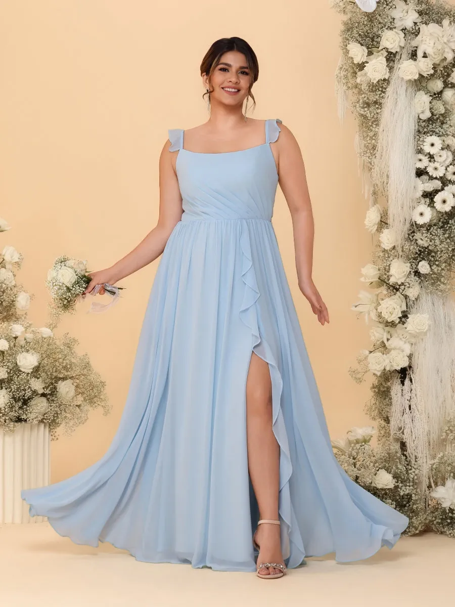 A-Line/Princess Square Neck Sleeveless Plus Size Bridesmaid Dresses With Side Slit & Ruffles sold by Lavetir product image thumbnail 3