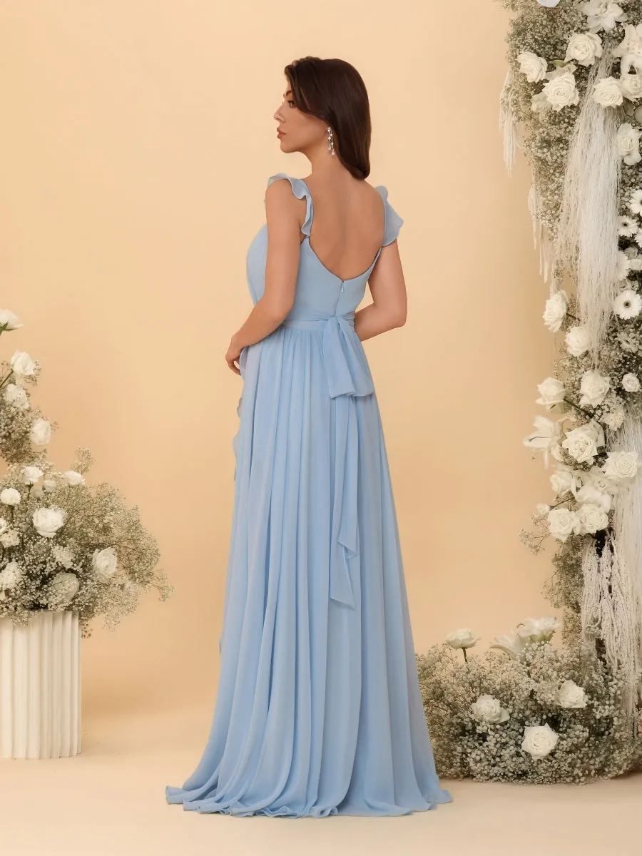 A-Line/Princess Square Neck Sleeveless Ruched Bridesmaid Dresses With Side Slit & Ruffles sold by Lavetir product image thumbnail 2