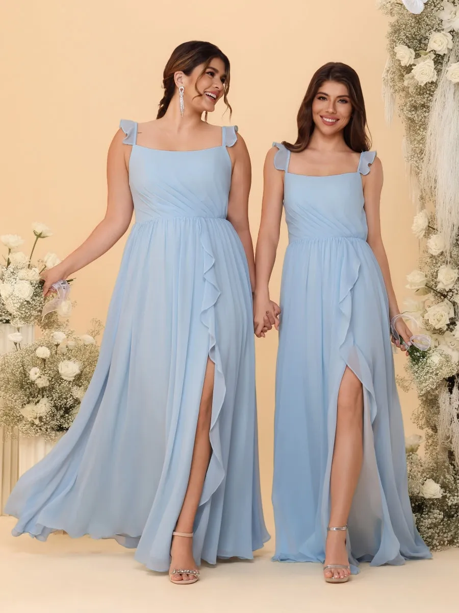 A-Line/Princess Square Neck Sleeveless Ruched Bridesmaid Dresses With Side Slit & Ruffles sold by Lavetir product image thumbnail 3