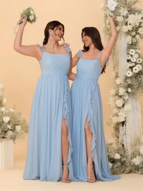 A-Line/Princess Square Neck Sleeveless Ruched Bridesmaid Dresses With Side Slit & Ruffles sold by Lavetir