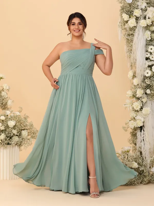 A-Line/Princess One-Shoulder Sleeveless Floor-Length Ruched Plus SizeBridesmaid Dresses With Side Slit sold by Lavetir
