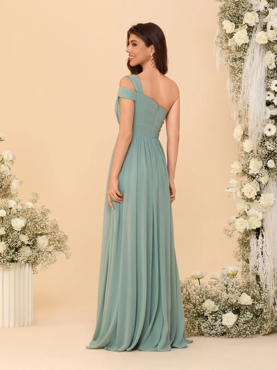 A-Line/Princess One-Shoulder Sleeveless Floor-Length Ruched Bridesmaid Dresses With Side Slit sold by Lavetir product image thumbnail 2