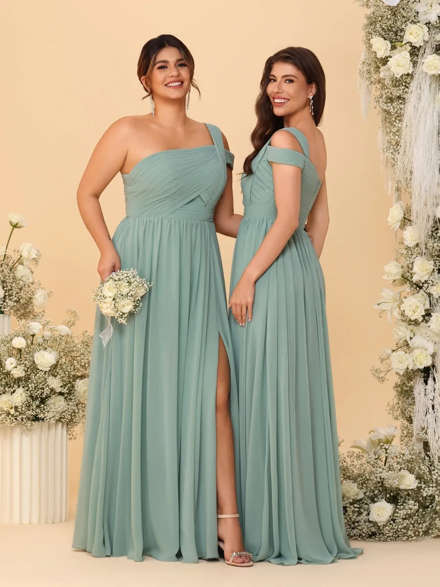 A-Line/Princess One-Shoulder Sleeveless Floor-Length Ruched Bridesmaid Dresses With Side Slit sold by Lavetir product image thumbnail 3