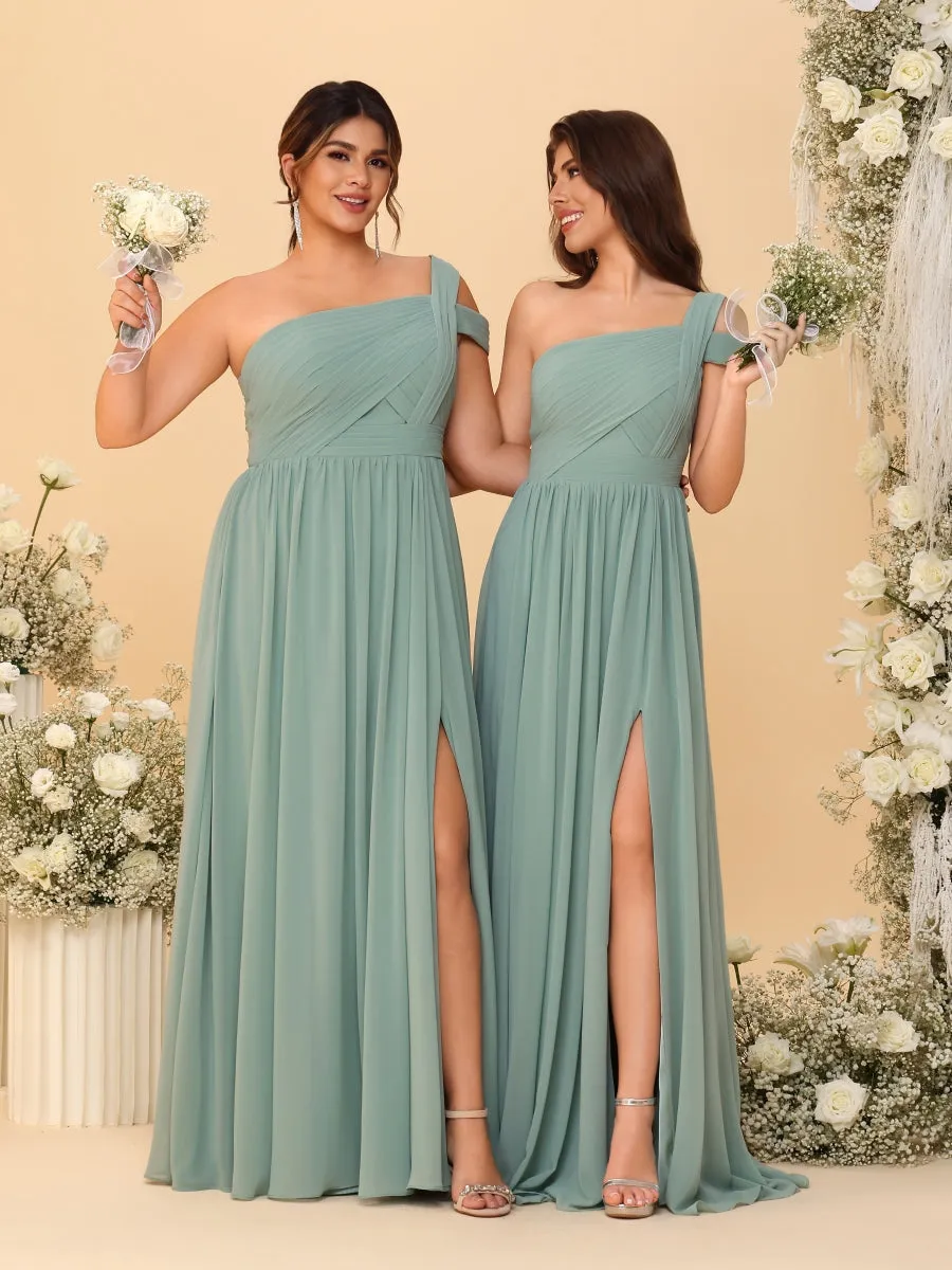A-Line/Princess One-Shoulder Sleeveless Floor-Length Ruched Bridesmaid Dresses With Side Slit sold by Lavetir