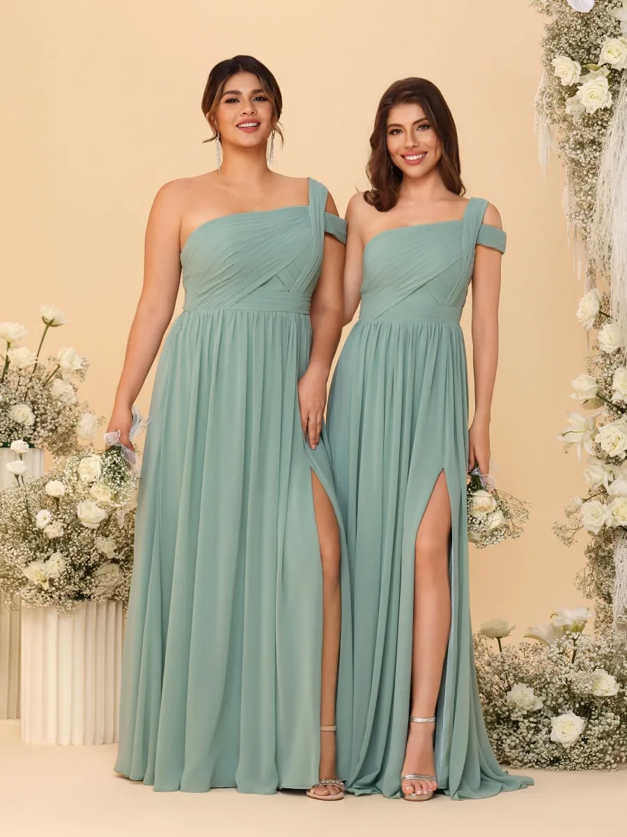 A-Line/Princess One-Shoulder Sleeveless Floor-Length Ruched Bridesmaid Dresses With Side Slit sold by Lavetir product image thumbnail 4