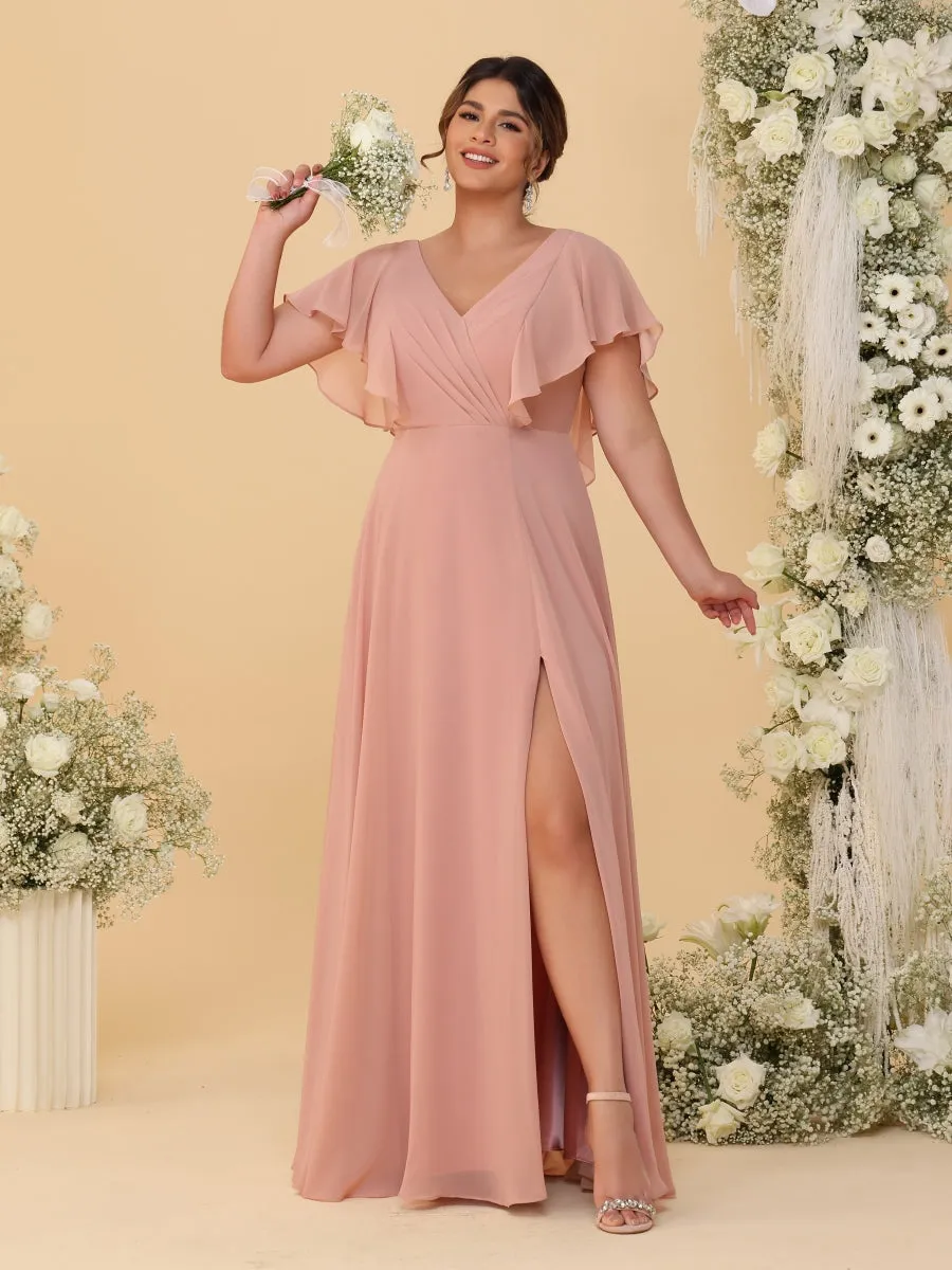 A-Line/Princess V-Neck Short Sleeves Floor-Length Plus Size Bridesmaid Dresses With Side Slit sold by Lavetir