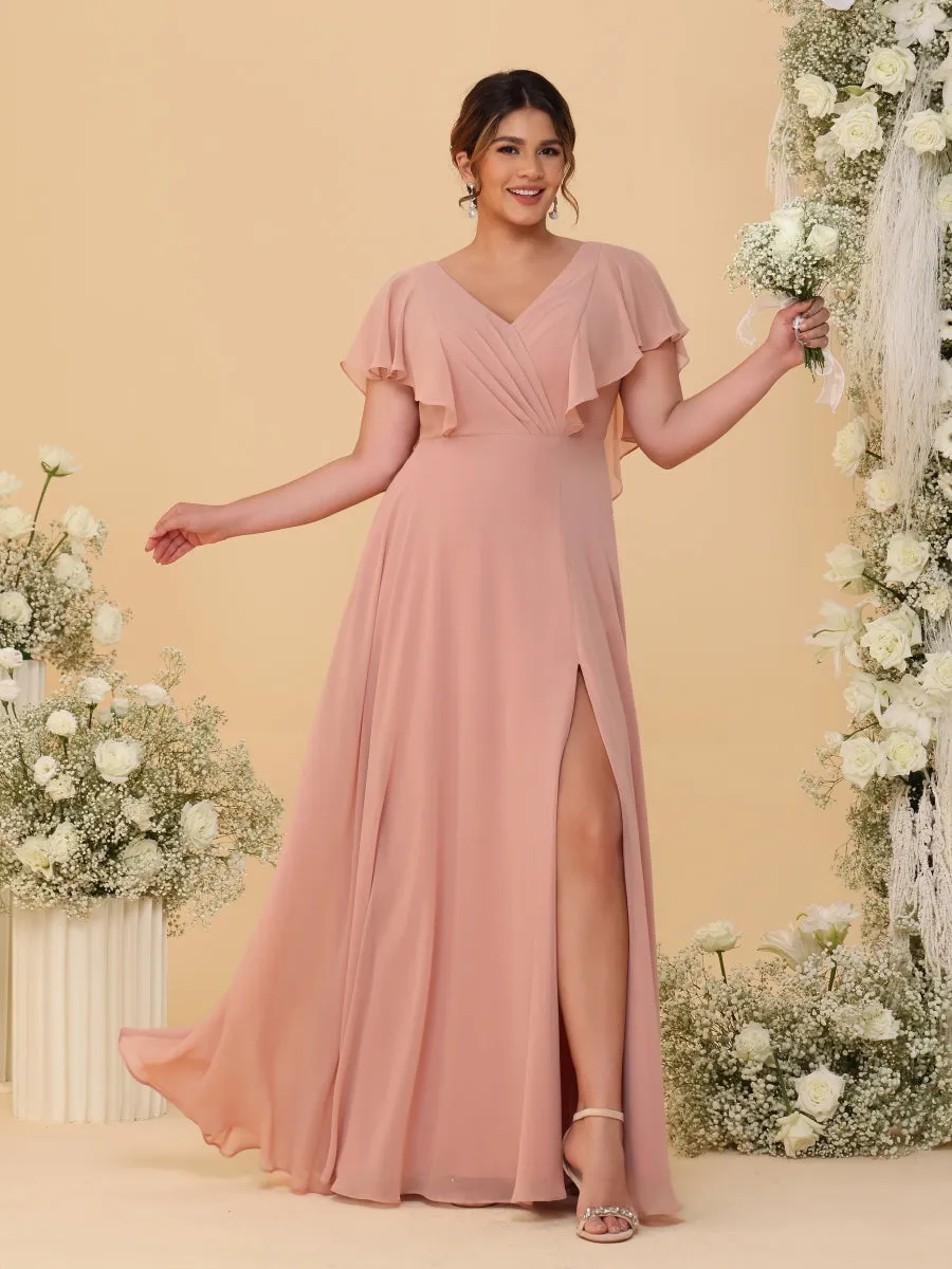 A-Line/Princess V-Neck Short Sleeves Floor-Length Plus Size Bridesmaid Dresses With Side Slit sold by Lavetir product image thumbnail 4